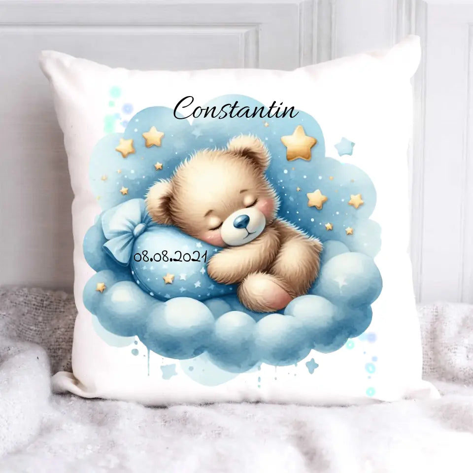 Personalisiertes Kinderkissen - Teddy Blau