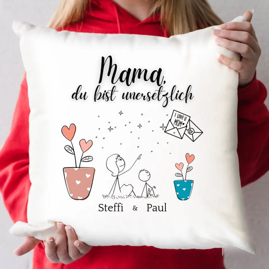 Mama du bist unersetzlich - Kissen, Mamakissen, Muttertags Geschenk,, Familiengeschenkidee, Kissen mit Namen, Namenskissen für Mamas, Geburtstagskissen für Mütter, Blumenkissen zum Muttertag, Mutter und Sohn Name 