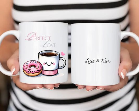 Personalisierte Tasse, Pärchen Tasse mit Namen, Partnertasse selber gestalten, Perfect love Tasse, Design kaffee und Donat, Liesbes Tasse mit Namen, Valentinstasse mit Namen, Tasse für Paare, Geschenkidee personalisierte Tasse