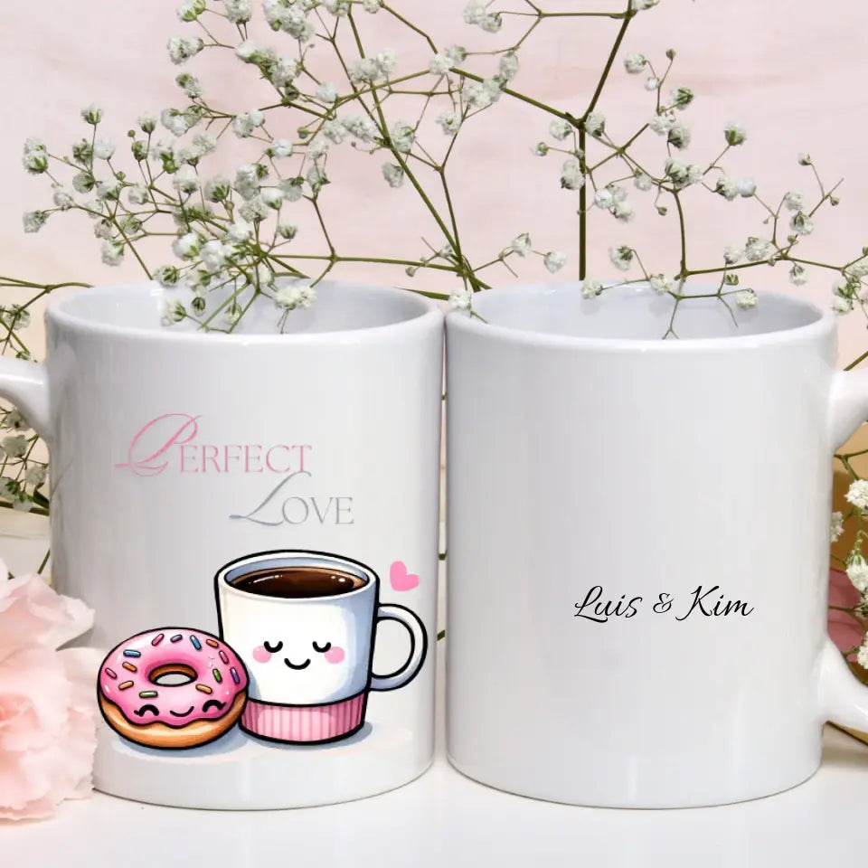 Personalisierte Tasse, Pärchen Tasse mit Namen, Partnertasse selber gestalten, Perfect love Tasse, Design kaffee und Donat, Liesbes Tasse mit Namen, Valentinstasse mit Namen, Tasse für Paare, Geschenkidee personalisierte Tasse