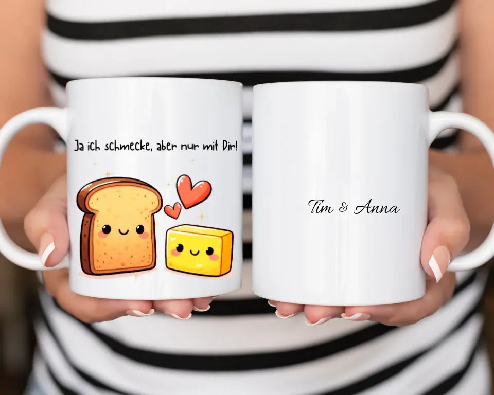 Personalisierte Tasse, Pärchen Tasse mit Namen, Partnertasse selber gestalten, Ja ich schmecke ,aber nur mit dir,Tasse, Design Toast mit Butter, Liesbes Tasse mit Namen, Valentinstasse mit Namen, Tasse für Paare, Geschenkidee personalisierte Tasse