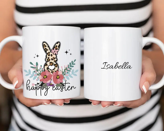 Happy Easter Ostertasse, Personalisierbar mit Wunschnamen, das perfekte Geschenk die perfekte Geschenkidee für deine Liebsten, Osterdesign mit Osterhase und Blumen, Ideale Geschenkideen ,