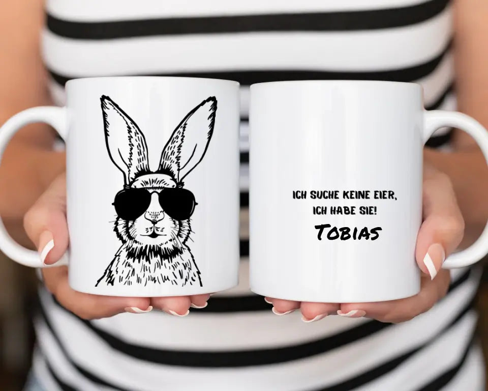 Ostertasse für ihn. Personalisierbare Ostertasse für ihn. Ich suche keine Eier, ich habe sie! Tasse zu Ostern für den Partner. Osterhase mit cooler Sonnenbrille.Ideale Geschenkideen auch für nur so