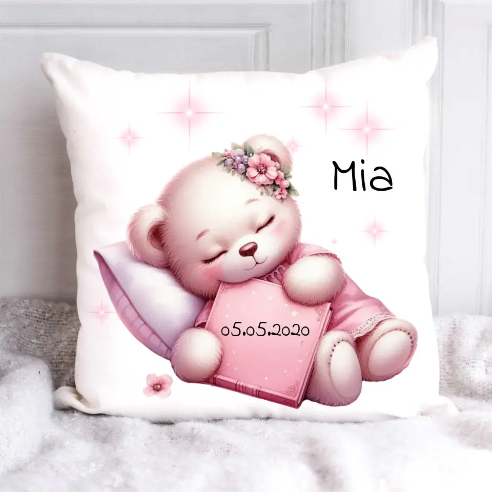 Personalisiertes Kinderkissen - Rosa Teddy